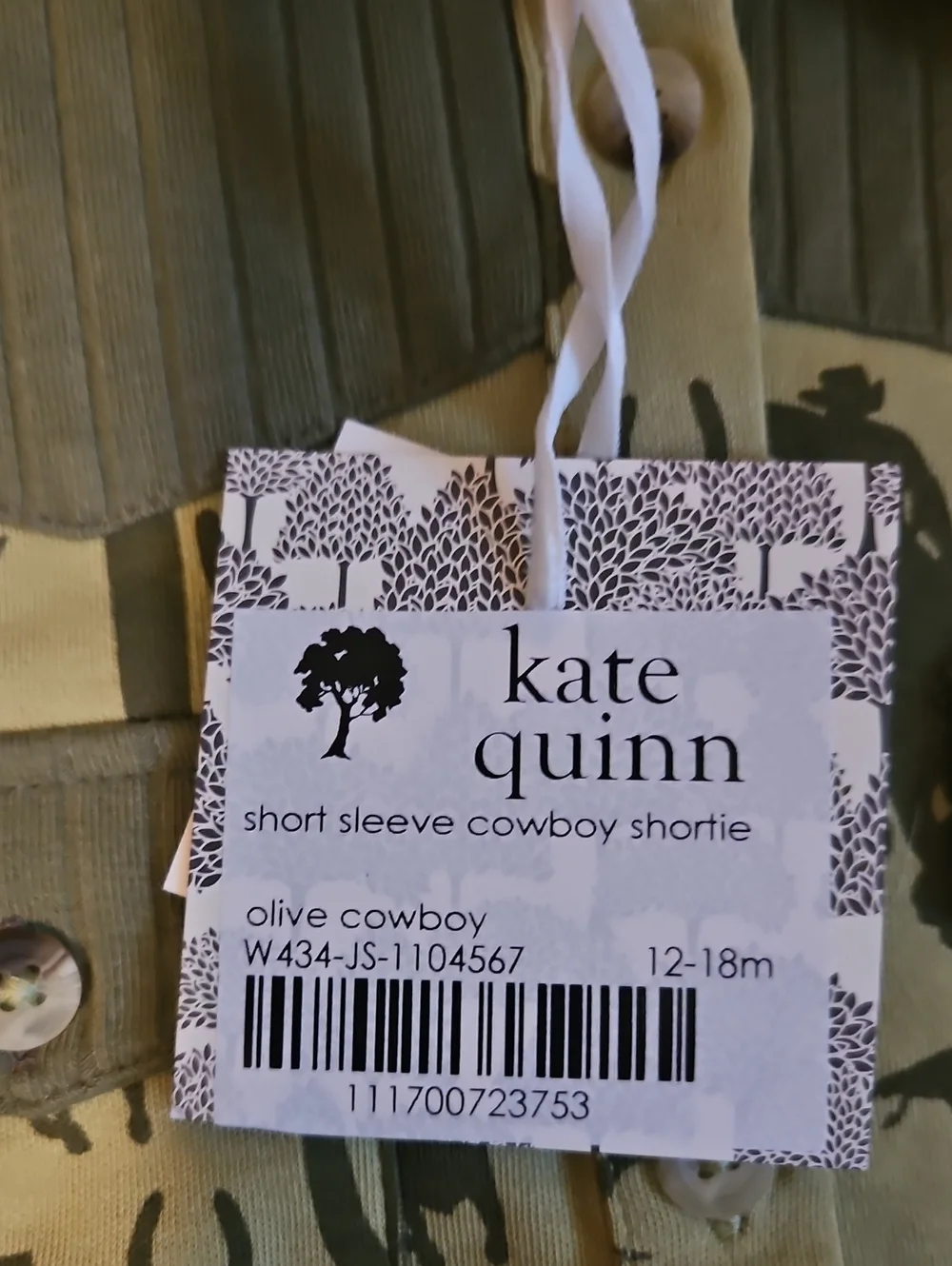 NWT Kate Quinn Olive Cowboy Shortie Romper 12-18M Organic Cotton Western Rodeo